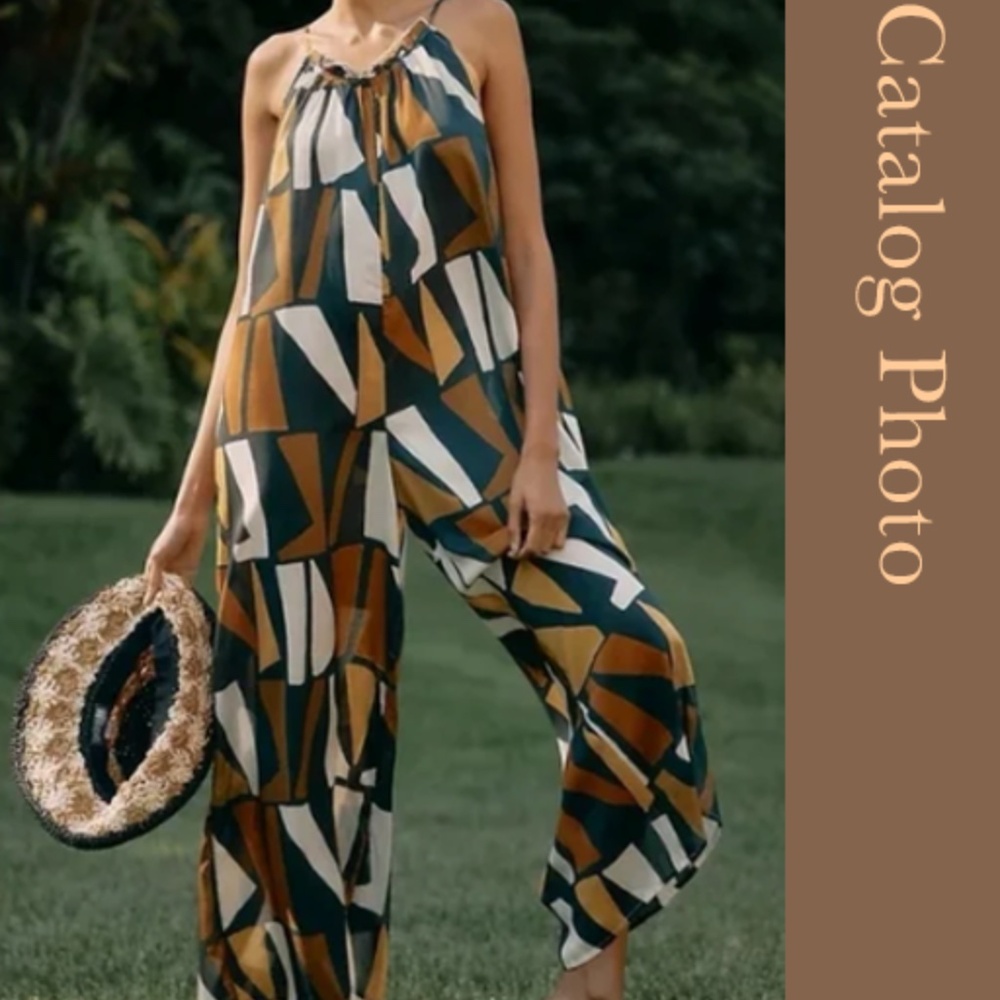 Anthropologie Wide-Leg Jumpsuit Brown White Black Motif Size M  NWT